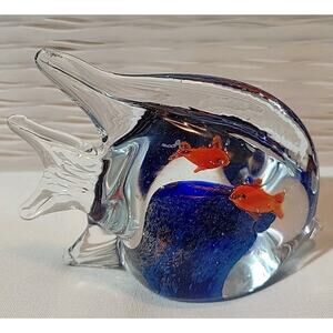 Art Glass Angel Fish Hand Blown Murano Style Paperweight Aquarium Blue 4.5"x3.5"